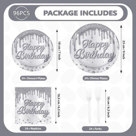 96 Pcs Silver Glitter Birthday Party Plates and Napkins - Grencian