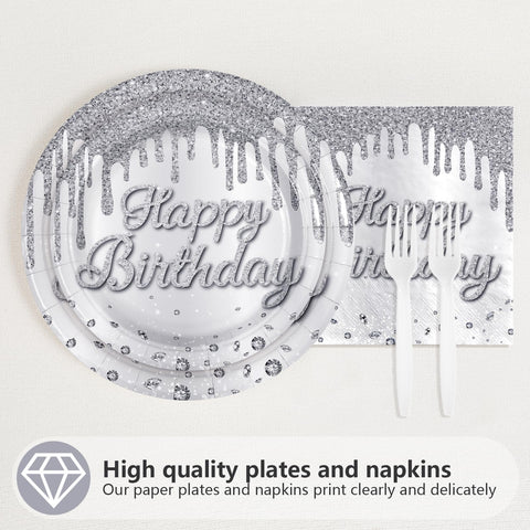96 Pcs Silver Glitter Birthday Party Plates and Napkins - Grencian