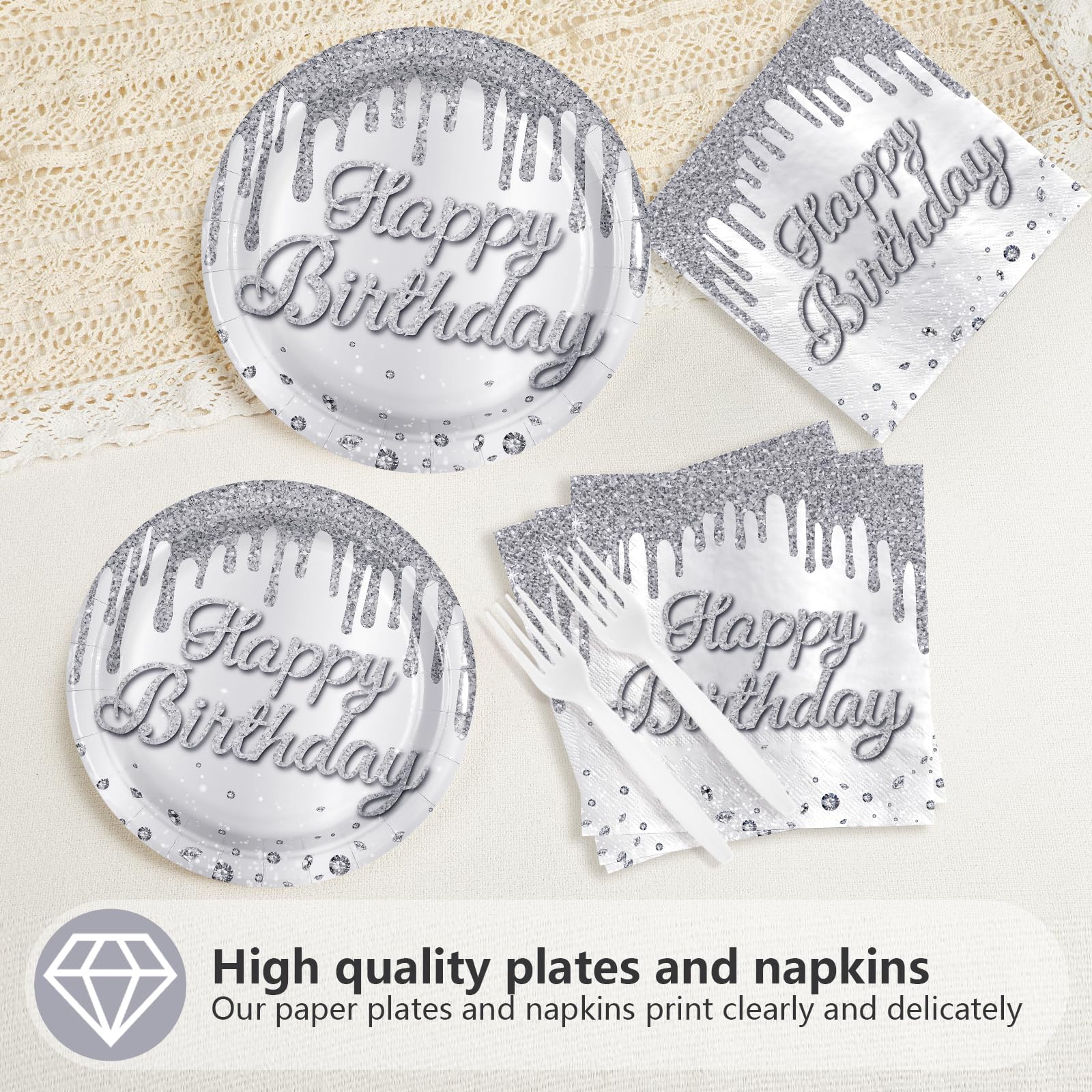 96 Pcs Silver Glitter Birthday Party Plates and Napkins - Grencian