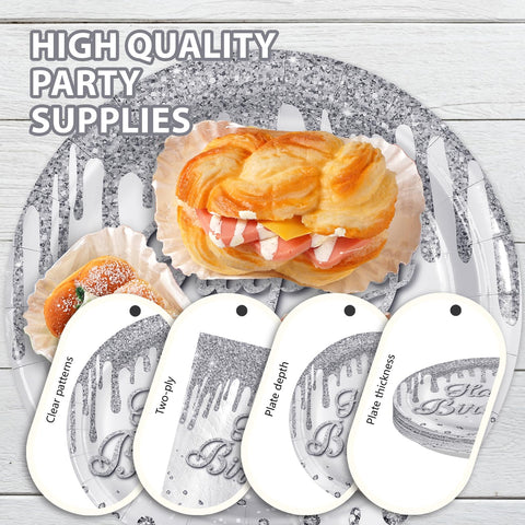 96 Pcs Silver Glitter Birthday Party Plates and Napkins - Grencian