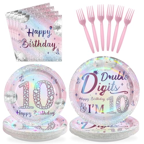 96 Pcs Silver Pink 10th Birthday Party Plates and Napkins - Grencian