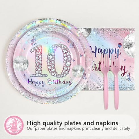 96 Pcs Silver Pink 10th Birthday Party Plates and Napkins - Grencian