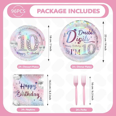 96 Pcs Silver Pink 10th Birthday Party Plates and Napkins - Grencian