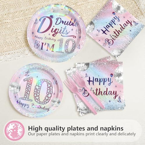 96 Pcs Silver Pink 10th Birthday Party Plates and Napkins - Grencian