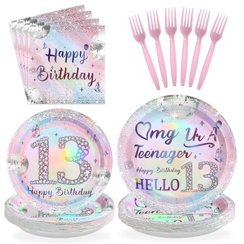 96 Pcs Silver Pink 13th Birthday Party Plates and Napkins - Grencian