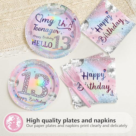 96 Pcs Silver Pink 13th Birthday Party Plates and Napkins - Grencian