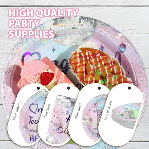 96 Pcs Silver Pink 13th Birthday Party Plates and Napkins - Grencian