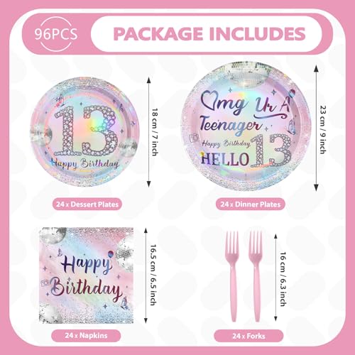 96 Pcs Silver Pink 13th Birthday Party Plates and Napkins - Grencian