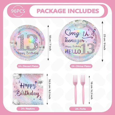 96 Pcs Silver Pink 13th Birthday Party Plates and Napkins - Grencian