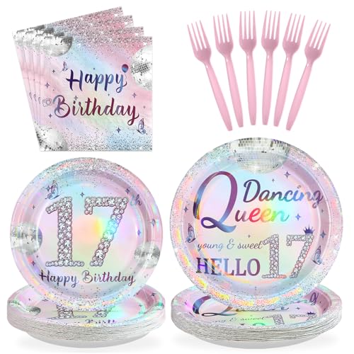 96 Pcs Silver Pink 17th Birthday Party Plates and Napkins - Grencian