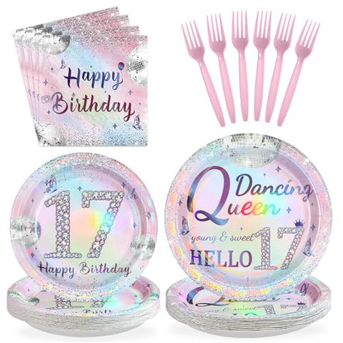 96 Pcs Silver Pink 17th Birthday Party Plates and Napkins - Grencian