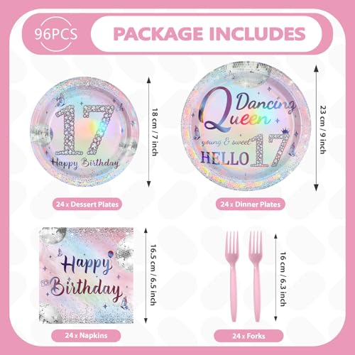 96 Pcs Silver Pink 17th Birthday Party Plates and Napkins - Grencian