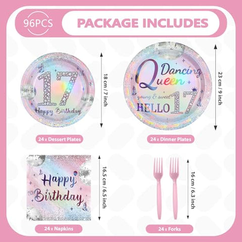 96 Pcs Silver Pink 17th Birthday Party Plates and Napkins - Grencian