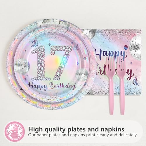 96 Pcs Silver Pink 17th Birthday Party Plates and Napkins - Grencian