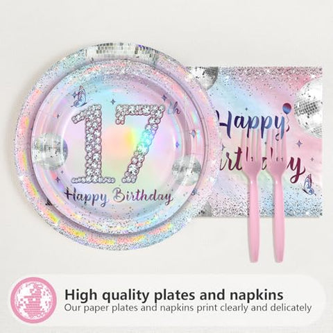 96 Pcs Silver Pink 17th Birthday Party Plates and Napkins - Grencian
