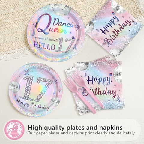 96 Pcs Silver Pink 17th Birthday Party Plates and Napkins - Grencian