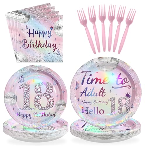 96 Pcs Silver Pink 18th Birthday Party Plates and Napkins - Grencian