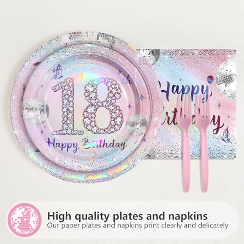 96 Pcs Silver Pink 18th Birthday Party Plates and Napkins - Grencian