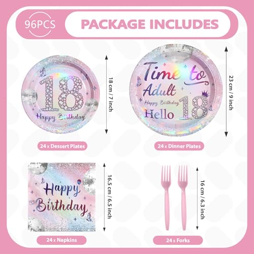 96 Pcs Silver Pink 18th Birthday Party Plates and Napkins - Grencian