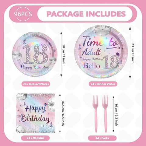 96 Pcs Silver Pink 18th Birthday Party Plates and Napkins - Grencian