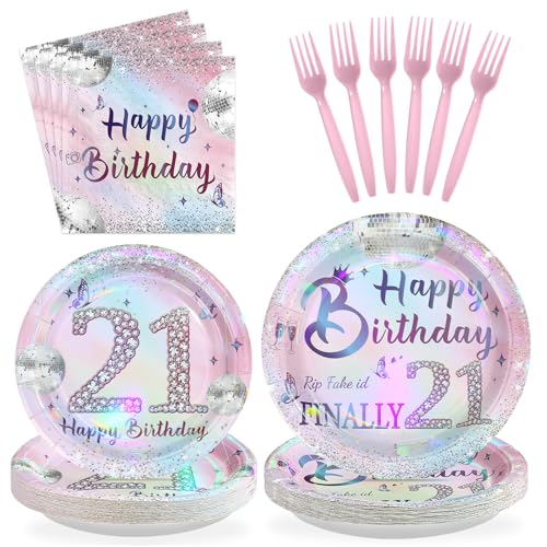 96 Pcs Silver Pink 21th Birthday Party Plates and Napkins - Grencian