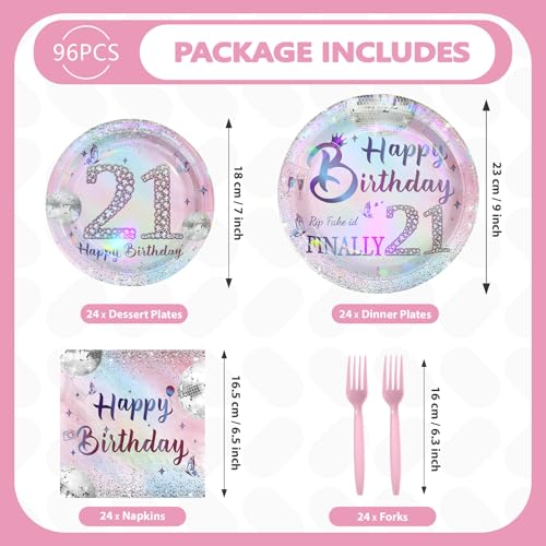 96 Pcs Silver Pink 21th Birthday Party Plates and Napkins - Grencian