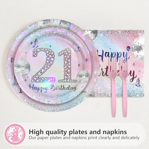 96 Pcs Silver Pink 21th Birthday Party Plates and Napkins - Grencian