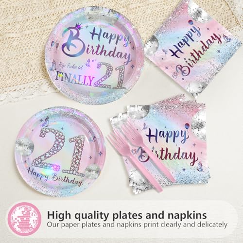 96 Pcs Silver Pink 21th Birthday Party Plates and Napkins - Grencian