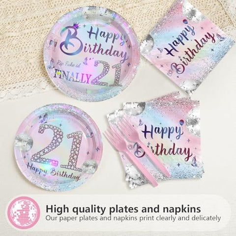96 Pcs Silver Pink 21th Birthday Party Plates and Napkins - Grencian