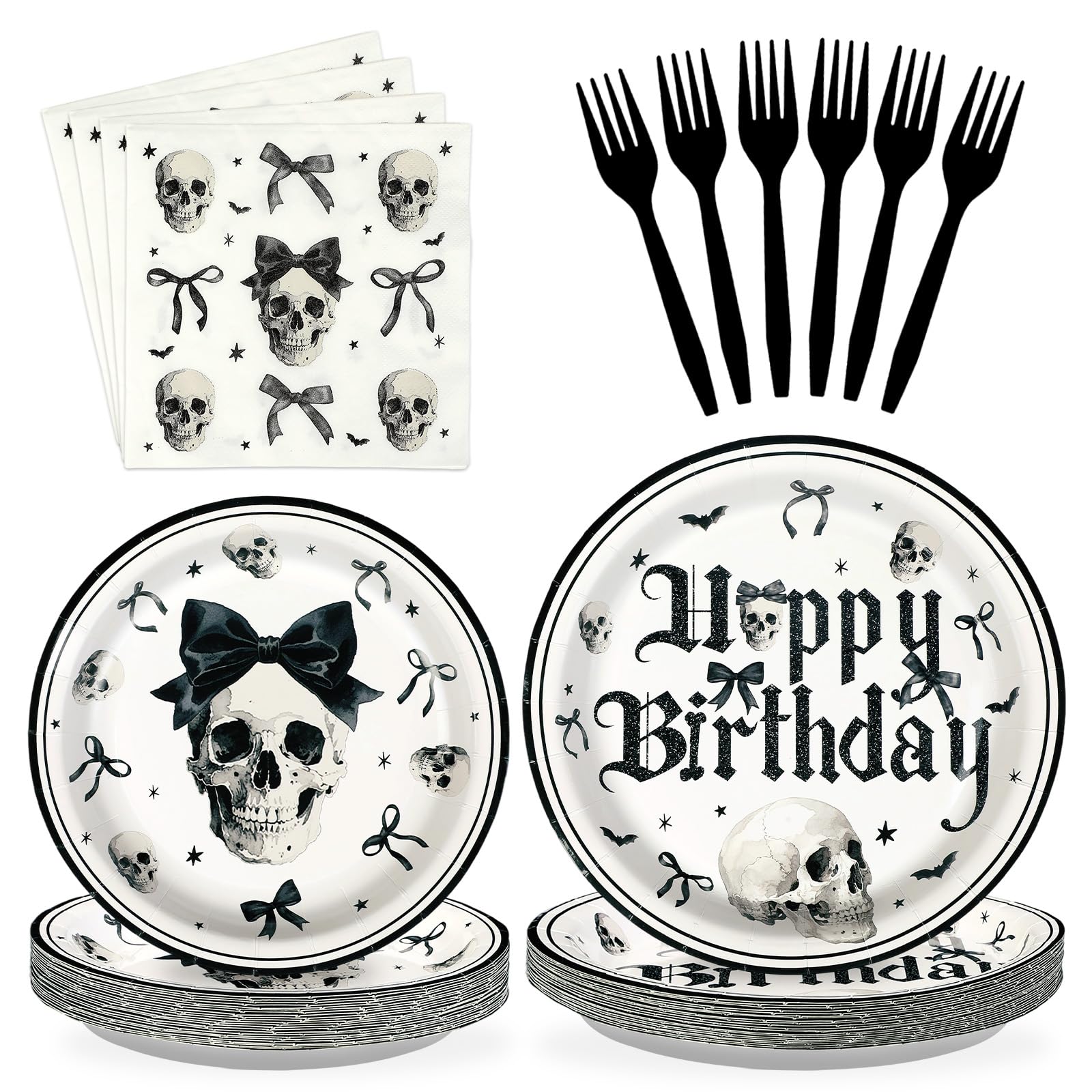 96 Pcs Skull and Bow Birthday Party Plates and Napkins - Grencian