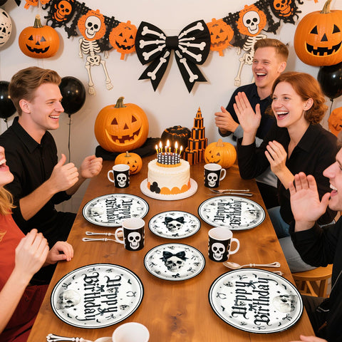 96 Pcs Skull and Bow Birthday Party Plates and Napkins - Grencian