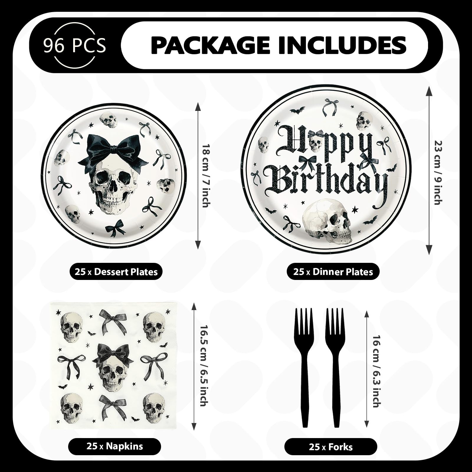 96 Pcs Skull and Bow Birthday Party Plates and Napkins - Grencian