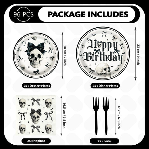 96 Pcs Skull and Bow Birthday Party Plates and Napkins - Grencian