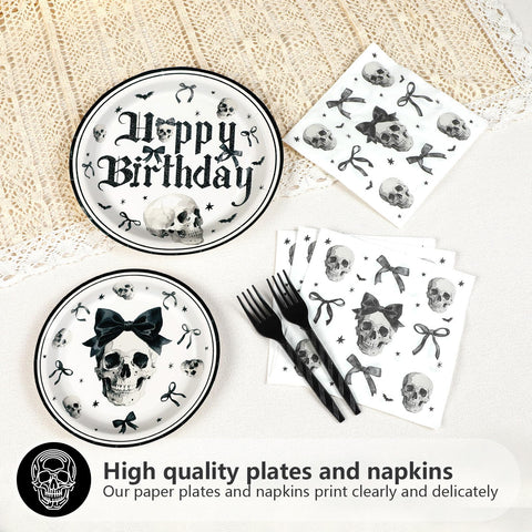 96 Pcs Skull and Bow Birthday Party Plates and Napkins - Grencian