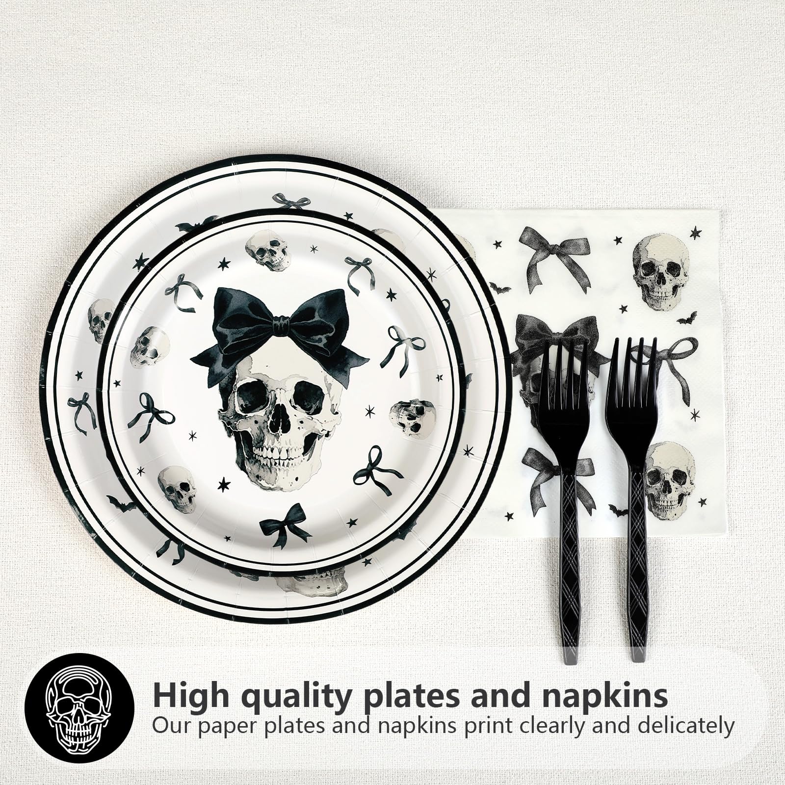 96 Pcs Skull and Bow Birthday Party Plates and Napkins - Grencian