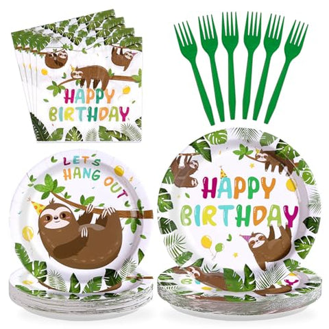 96 Pcs Sloth Birthday Party Plates and Napkins - Grencian
