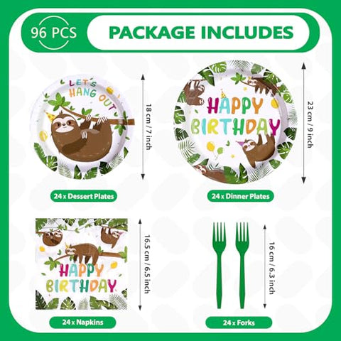 96 Pcs Sloth Birthday Party Plates and Napkins - Grencian