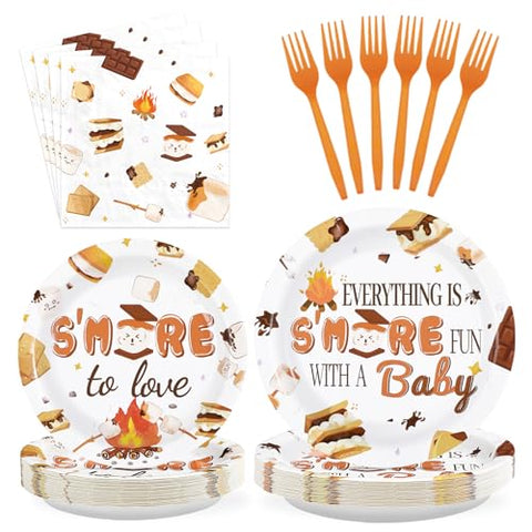96 Pcs S'mores Baby Shower Party Plates and Napkins - Grencian