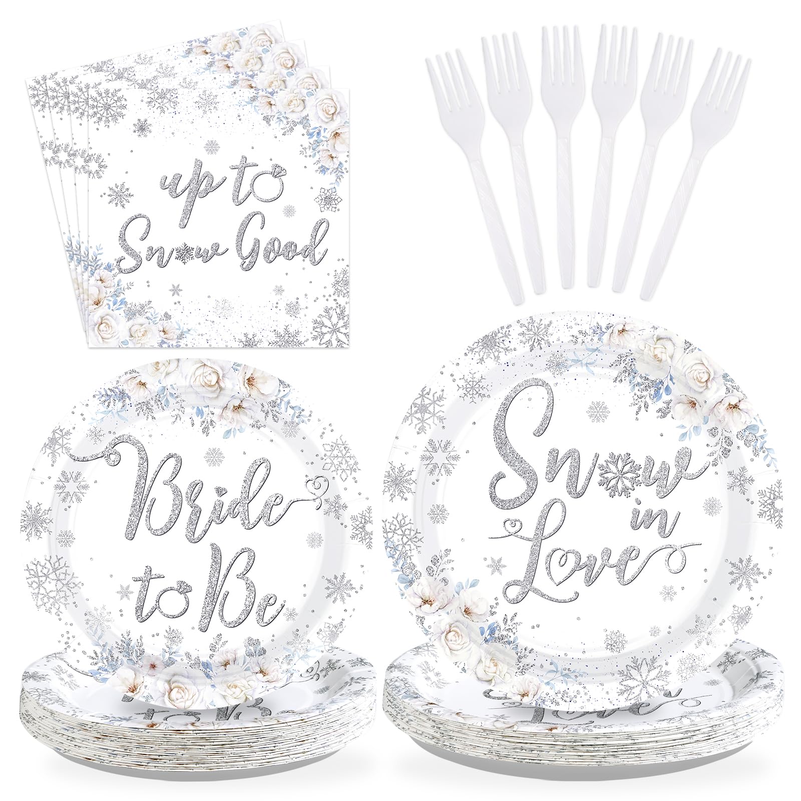 96 Pcs Snow Bridal Shower Party Plates and Napkins - Grencian
