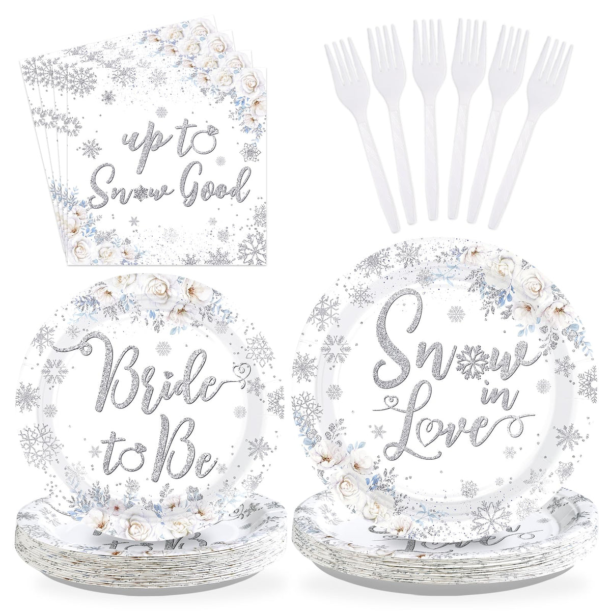 96 Pcs Snow Bridal Shower Party Plates and Napkins - Grencian