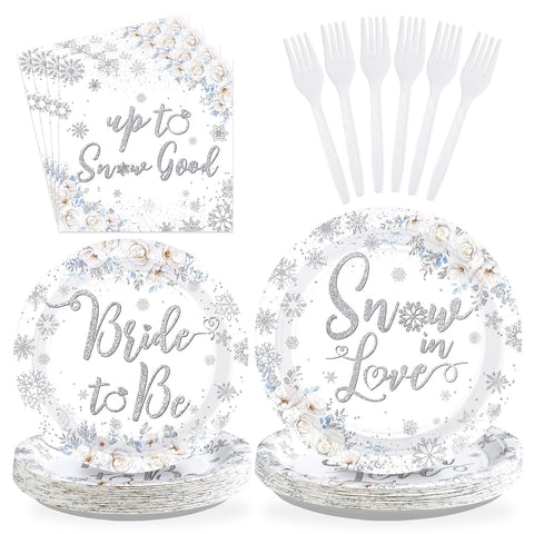 96 Pcs Snow Bridal Shower Party Plates and Napkins - Grencian