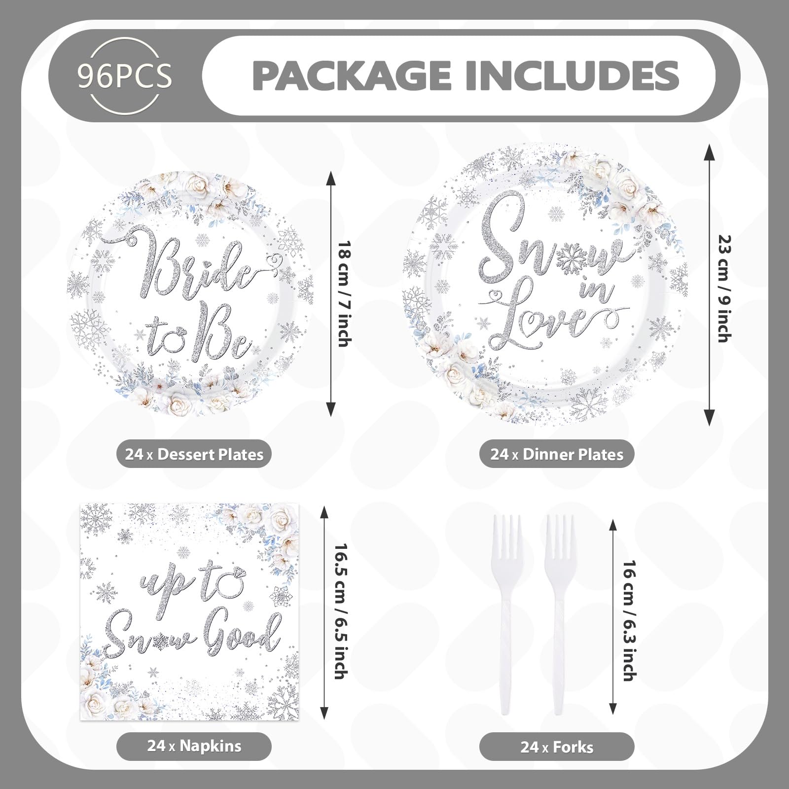 96 Pcs Snow Bridal Shower Party Plates and Napkins - Grencian