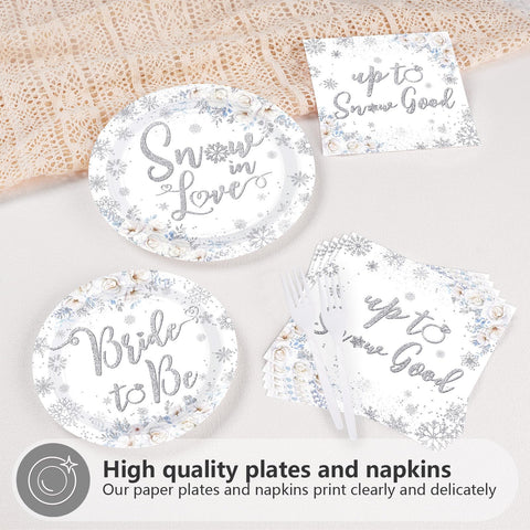 96 Pcs Snow Bridal Shower Party Plates and Napkins - Grencian