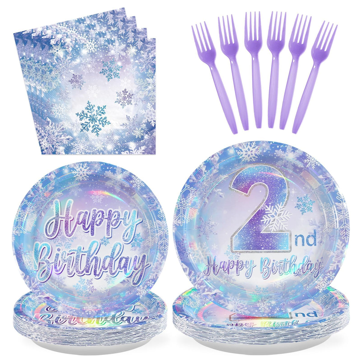 96 Pcs Snowflake 2nd Birthday Party Plates and Napkins