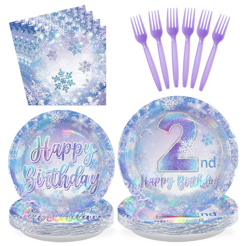 96 Pcs Snowflake 2nd Birthday Party Plates and Napkins