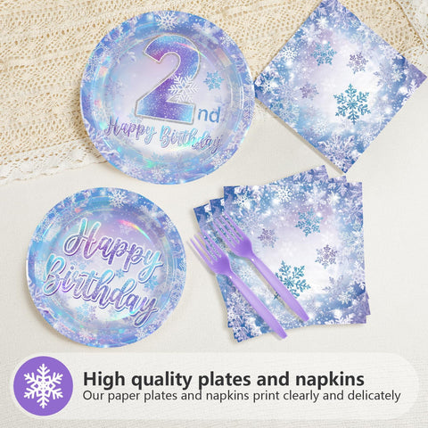 96 Pcs Snowflake 2nd Birthday Party Plates and Napkins