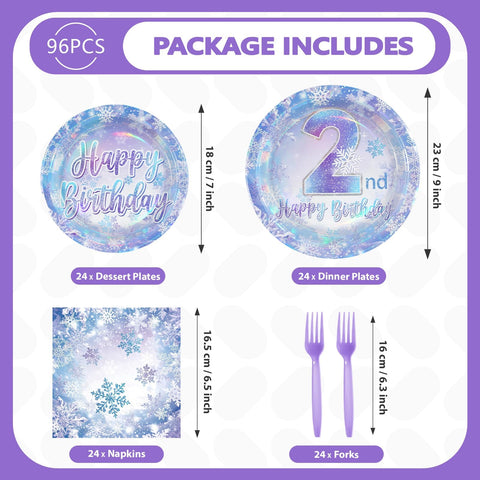 96 Pcs Snowflake 2nd Birthday Party Plates and Napkins