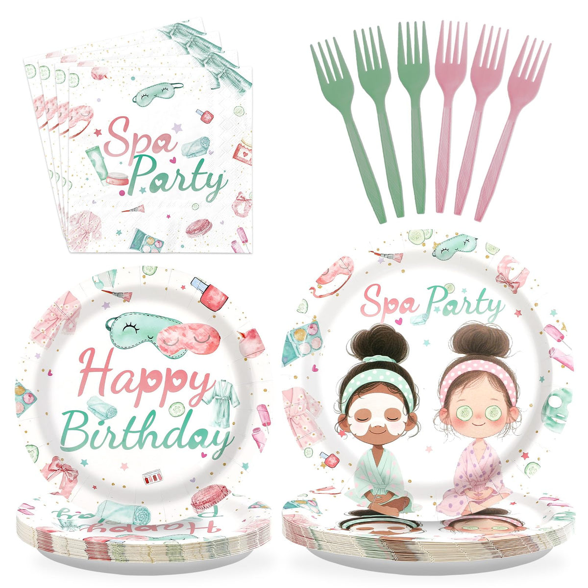 96 Pcs Spa Birthday Party Plates and Napkins - Grencian