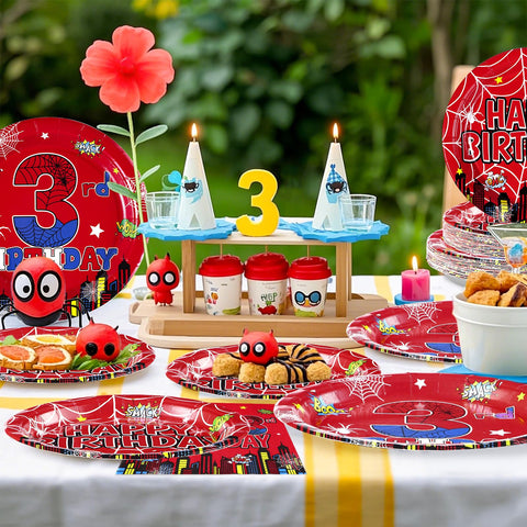 96 Pcs Spider 3rd Birthday Party Plates and Napkins - Grencian
