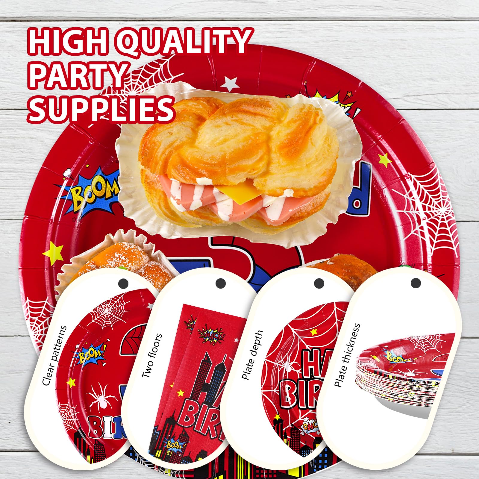 96 Pcs Spider 3rd Birthday Party Plates and Napkins - Grencian